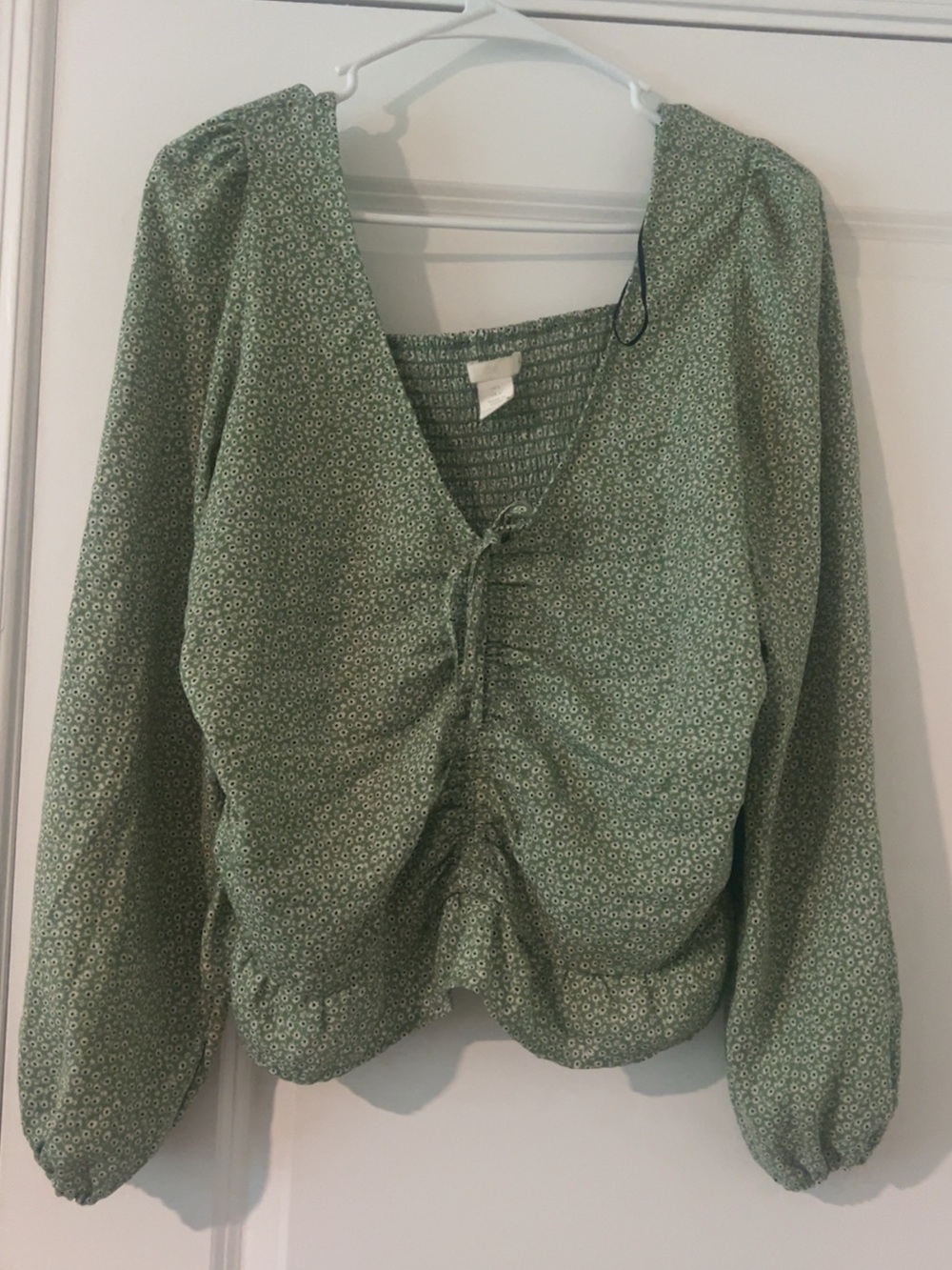 H&M Green Floral Drawstring V-Neck Blouse